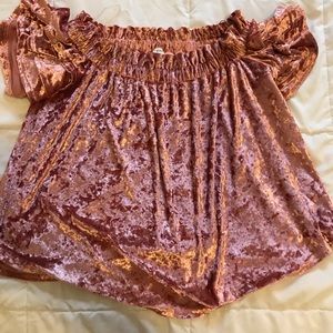 Ruffle off the shoulder pink velour top